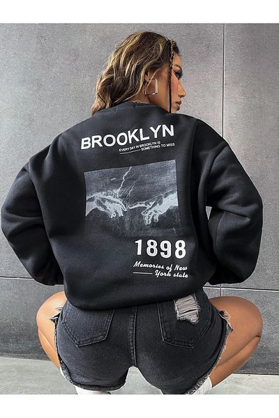 Boi Μπλούζα Brooklyn 1898 - Μαύρη στάμπα υπερμεγέθη φούτερ Crew Neck