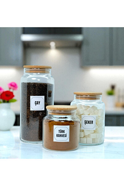 mafa home Ahşap Vakum Kapaklı Cam Çay Türk Kahvesi Şeker Saklama Kavanozu Set...