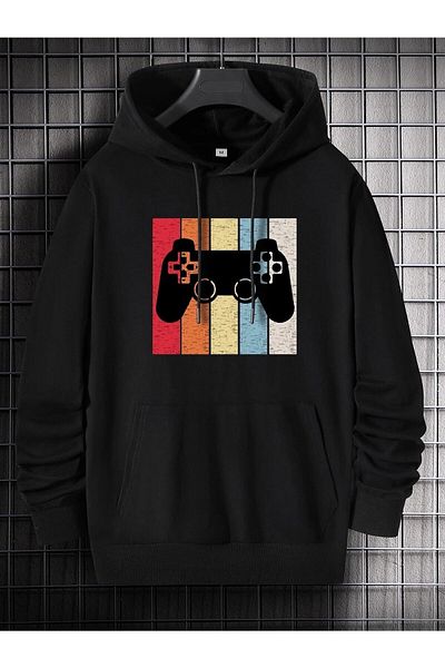 Boi Κονσόλα παιχνιδιών με στάμπα Unisex Oversize Μαύρη κουκούλα καγκουρό φούτερ