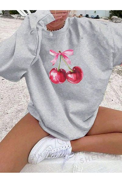 Boi Φούτερ με κορδέλα Cherry - Γκρι εμπριμέ Oversize Φούτερ Crew Neck