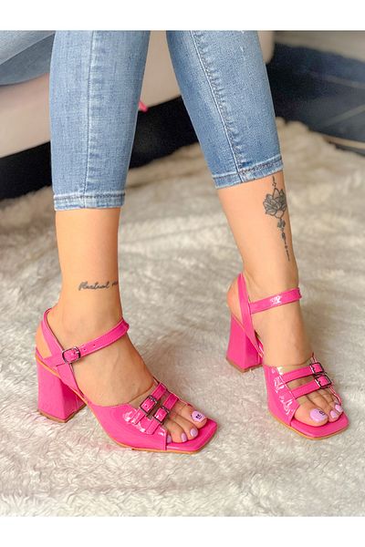 BERFONA Lily Fuchia Patent Leather Transparent Detail Buckle 7 cm Heel Sandals
