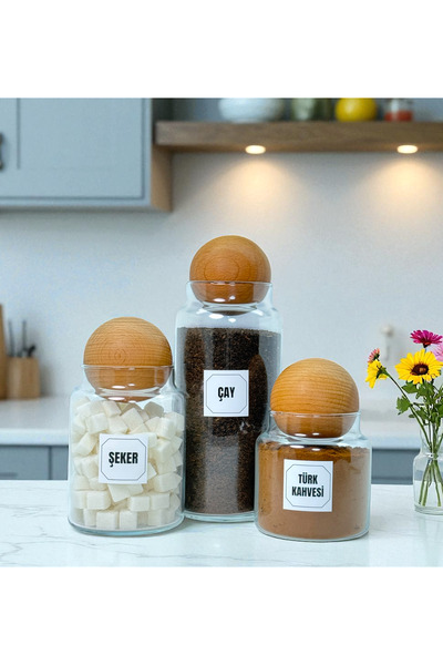 mafa home Ahşap Top Kapaklı Cam Çay Türk Kahvesi Şeker Saklama Kavanozu Seti ...