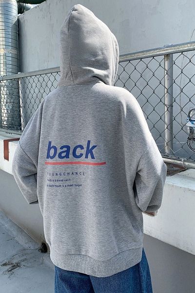 Boi Back Sweatshirt- Gray Printed Oversize Sweatshirt Hooded