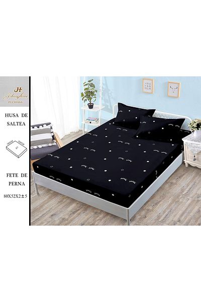FIONNA.RO Satin Cotton Elasticated Pillowcase 180x200cm - Black With Eyelashes