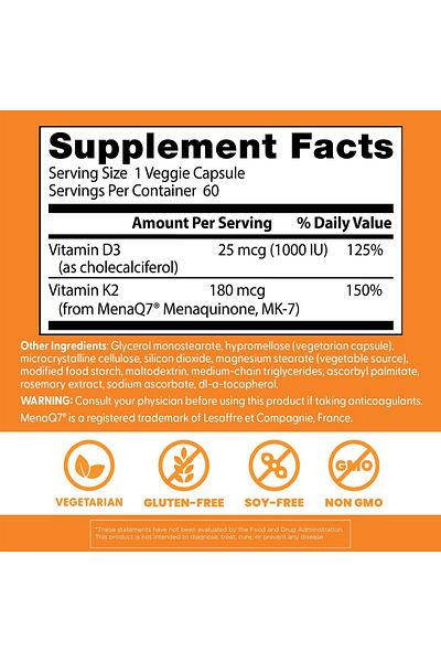 Doctor's Best Natural K2 Mk-7 Plus D3 Vitamin Bone Health Gluten Free Vegetarian 60 Veggie Caps.