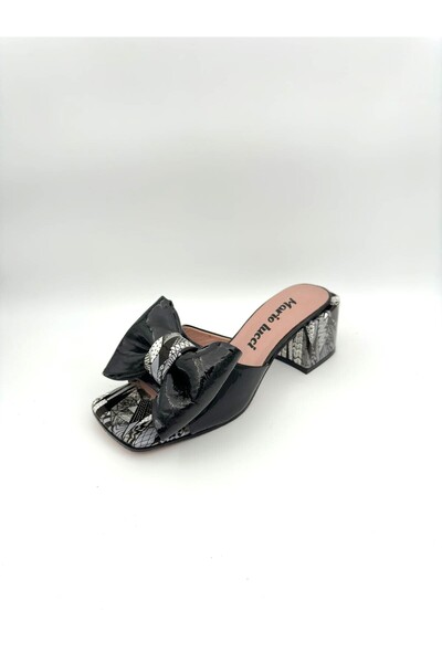 Mariolucci Kadın Günlük Topuklu Terlik Yumuşak Fiyonk Hakiki (Siyah Renkli Ba...