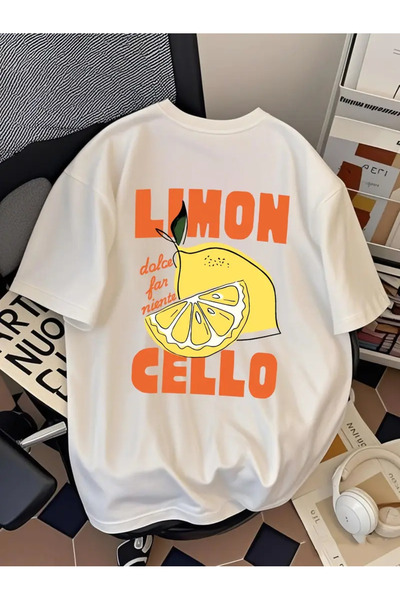AEMİ Unisex Lemon Cello Dolce Fan Niente μπλουζάκι με στάμπα Oversize Crew Neck