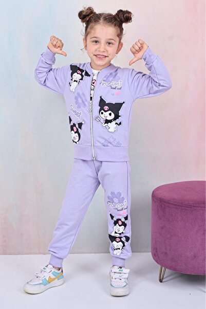 LİLLYPİCCA Kız Çocuk 3'lü Takım Uzun Kollu sweatshirt Baskılı Fermuarlı Hırka Beli Lastikli Penye Pantolon