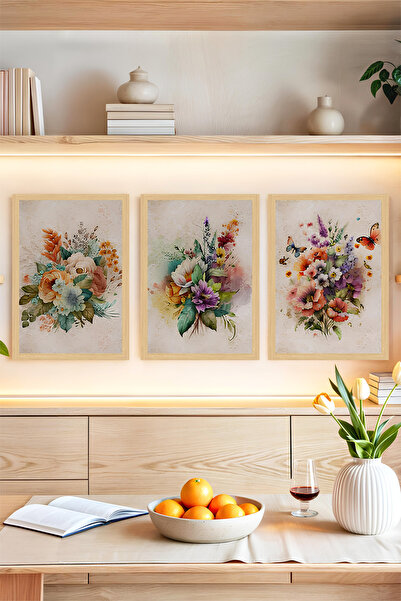 kutuTR 🌸 Renkli Çiçek Aranjmanlı 3'lü Tablo Seti – Çerçeve Görünümlü, Modern...
