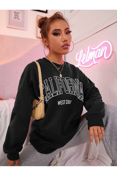 Boi California West Coast Sweatshirt - Black Printed Oversize Sweatshirt Crew Neck