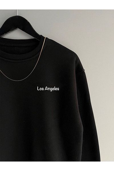 Boi Лятен суитшърт Los Angeles - Черен суитшърт с щампа и кръгло деколте