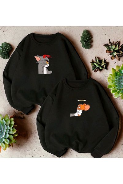 Boi Evil Tom Angel Jerry Lover Couple Combination - Μαύρο εμπριμέ, Oversize φούτερ με λαιμόκοψη