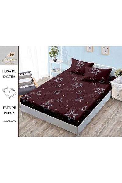 FIONNA.RO Satin Cotton Elasticated Pillowcase 180x200cm - Brown With Stars