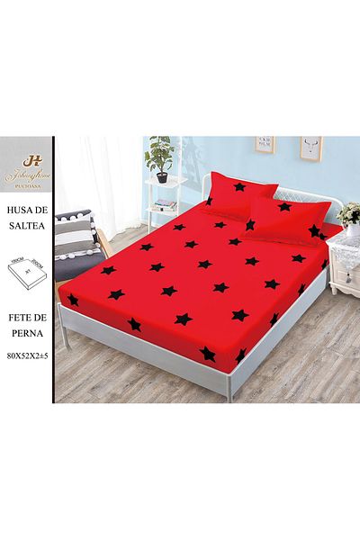 FIONNA.RO Satin Cotton Elastic Pillowcase 180x200cm - Red with Black Stars
