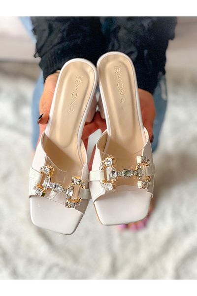 BERFONA Berfi̇ White Rugan Stone 7 cm Heel Slippers