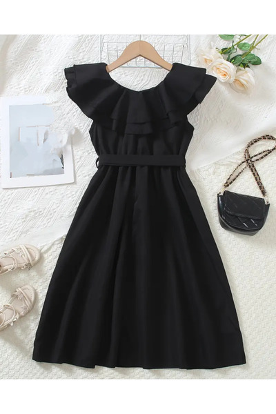 shop Rochie neagră până la genunchi, cu cordon și închidere cu fermoar