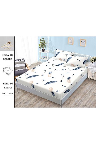 FIONNA.RO Satin Cotton Elasticated Pillowcase 180x200cm - Blue Feathers