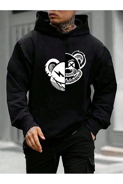 Boi Φούτερ Bear Face - Φούτερ με κουκούλα σε μαύρο στάμπα