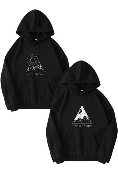 Boi Live Sun Love Moon Lover Couple Combination - Μαύρη στάμπα Oversize φούτερ με κουκούλα