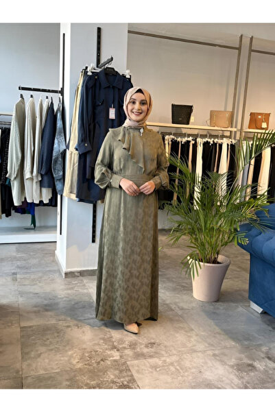 Zühre Desenli Broş Detaylı Haki Elbise E-0513