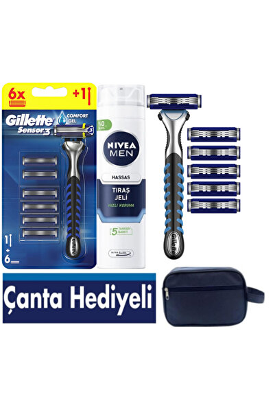 Gillette Sensor3 Erkek Tıraş Makine+ 6 Yedek Bıçak + 200 ml Sensitive Tıraş J...