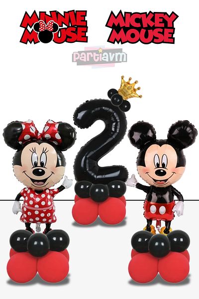 PARTİAVM 2 Years Old Mickey Mouse Minnie Mouse Balloon Red Black Number Balloon Balloon Column Girl Boy Miki Mini