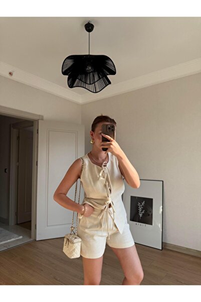 BAŞARAN Beige Cathey Tie-Up Vest Shorts Set