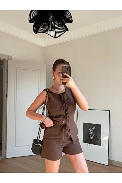 BAŞARAN Brown Cathey Tie-Up Vest Shorts Set