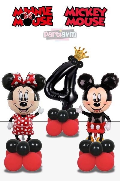 PARTİAVM 4 Years Old Mickey Mouse Minnie Mouse Balloon Red Black Number Bubble Balloon Column Girl Boy Miki Mini