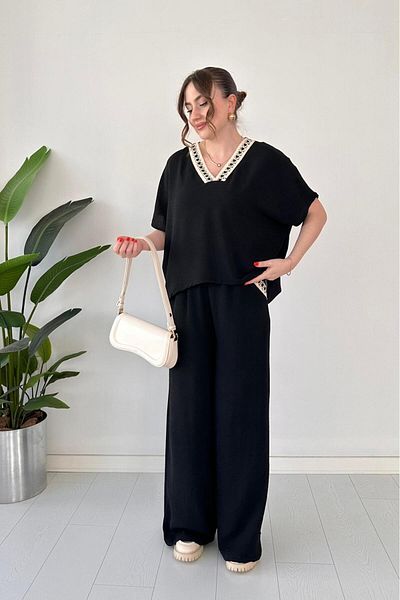 MaziButik Guipure Piping Double Suit Black