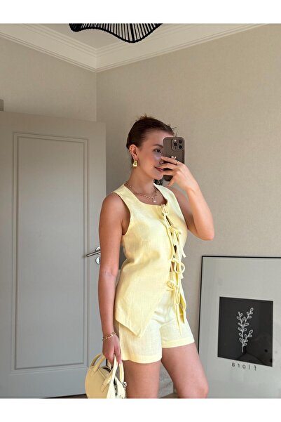 BAŞARAN Light Yellow Cathey Tie-Up Vest Shorts Set