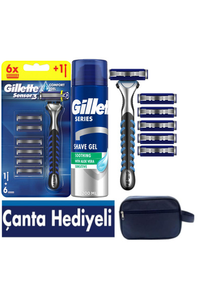 Gillette Sensor3 Erkek Tıraş Seti – 6 Bıçak + 200 ml Tıraş Jel+ Çanta Hediyeli