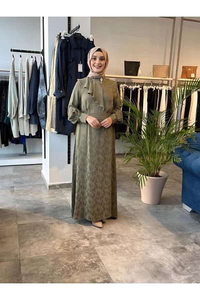 Zühre Patterned Brooch Detailed Khaki Dress E-0513