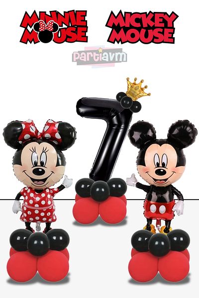 PARTİAVM 7 Years Old Mickey Mouse Minnie Mouse Balloon Red Black Number Balloon Balloon Column Girl Boy Miki Mini