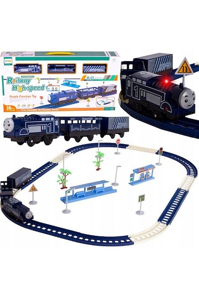 Stator DIY Train Set with 39 Assembly Pieces, Electric Locomotive with Light and 2 Wagons, Blue