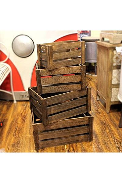 genric FFD (Set of 4) Wooden Storage Box with Handles Decorative Wooden Storage Brown