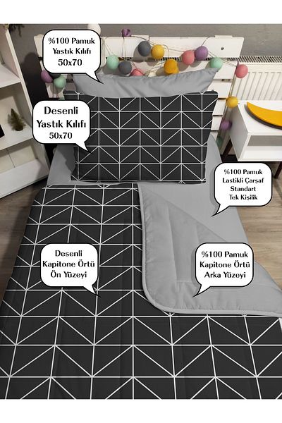yok yok evim eve dair her şey Quilted Gray Geometric 4Piece(100% Cotton 120X200 with Fitted Sheet) Single Bedspread Set