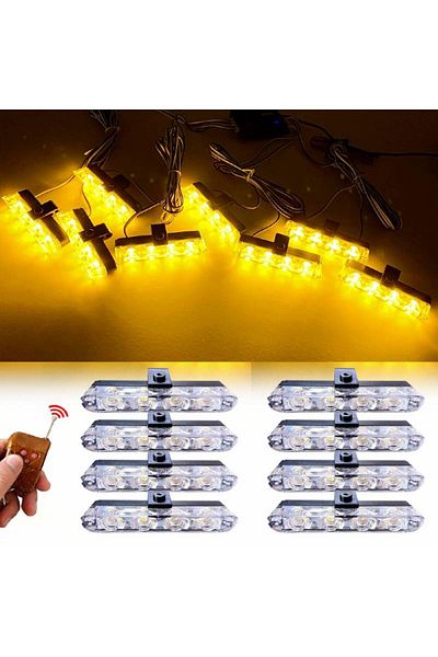 BGRJ Automotive Set of 8 yellow strobe lights for the grille, remote control, 7 functions, 12V