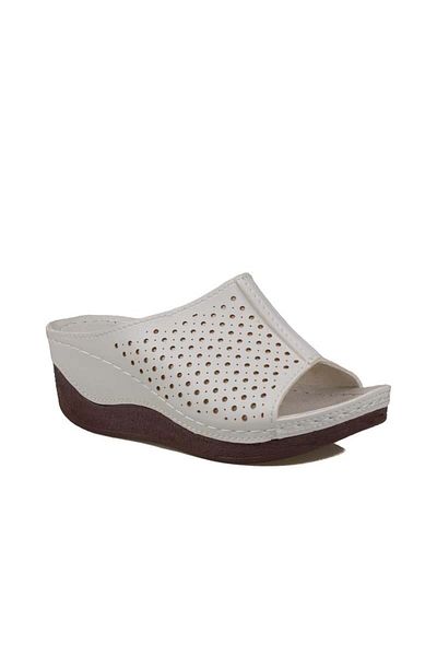 Trend Adımlar White Wedge Heel Perforated Women's Slippers 04-024