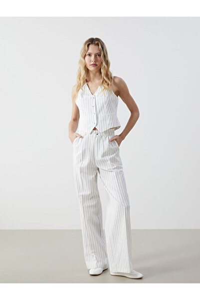 LC Waikiki Trendlucky Loose Fit Striped Linen Blend Women's Trousers with a D...