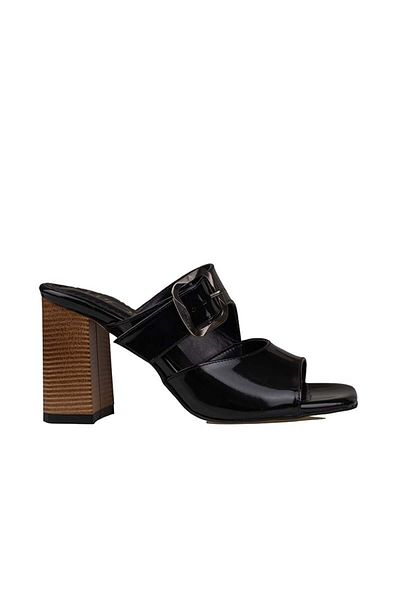 Trend Adımlar Black Patent Leather Belted Women's Heeled Slippers
