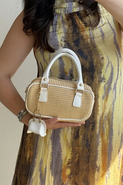 LEONAS Women's Hand and Shoulder Bag Julyne White with Straw Charm Gift