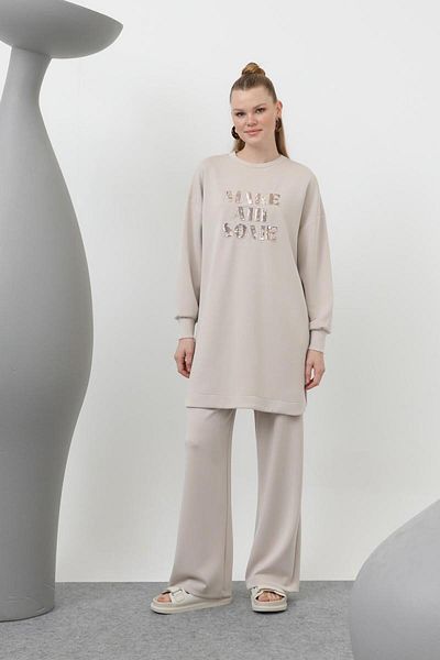 Puane Women's Front Stone and Sequin Embroidery Letter and Trousers Suit 14300Tks