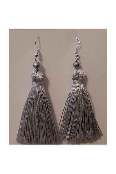 OEM Cercei lungi cu franjuri, Eleganza, ciucuri din mătase și perle sintetice, gri argintiu, 2,5 x 9 cm