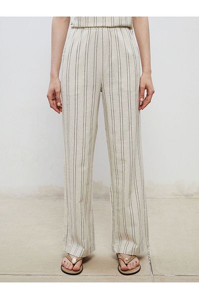 LC Waikiki Women's Striped Linen Look Trousers with Elastic Waist