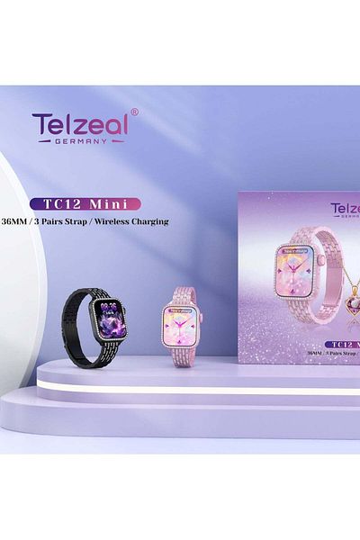 TELZEAL TC12 Mini (36MM/3 Pairs Strap/Wireless Charging) Space Aluminum Case Smartwatch - Black