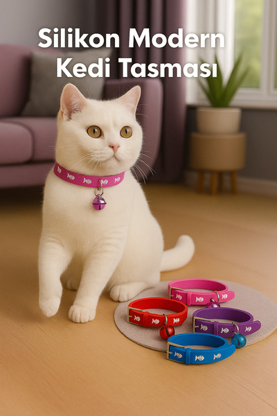 ego home Balık Desenli Silikon Ayarlanabilir Renkli Çıngıraklı Kedi Boyun Tasması Kedi Tasma Çıngıraklı Tasma