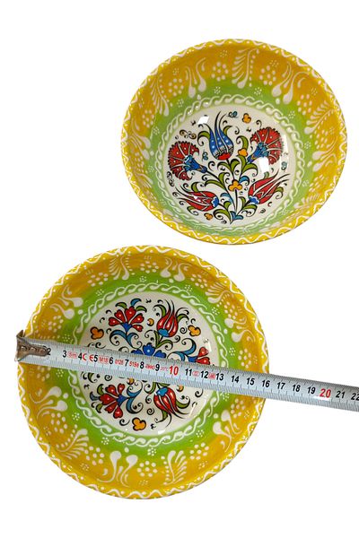 Salizera 2 Pieces 16 cm Diameter Embossed Tile Motif Ceramic Bowl -Hand Made Handmade -