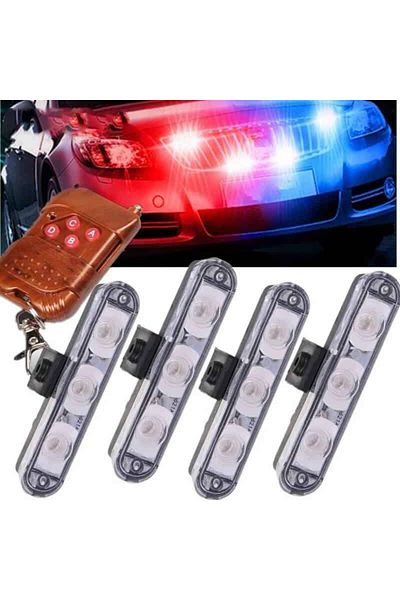 BGRJ Automotive Set of 4 red blue strobe lights, grille, remote control, 7 functions, 12V