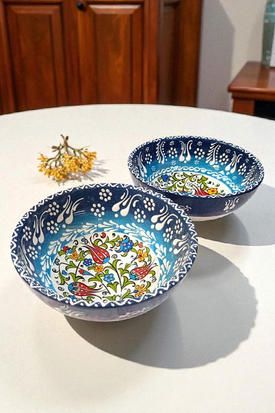 Salizera 2 Pieces 16 cm Diameter Embossed Tile Motif Ceramic Bowl -Hand Made Handmade -